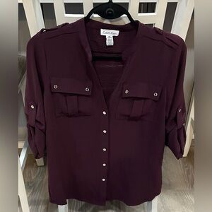 Calvin Klein Textured Roll-Tab Blouse in Eggplant